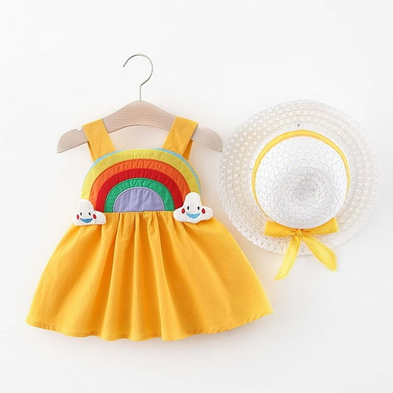 Herrnalise Toddler Kids Baby Girl Summer Pure Color Rainbow Cloud Suspender Skirt With Hat,Clearance