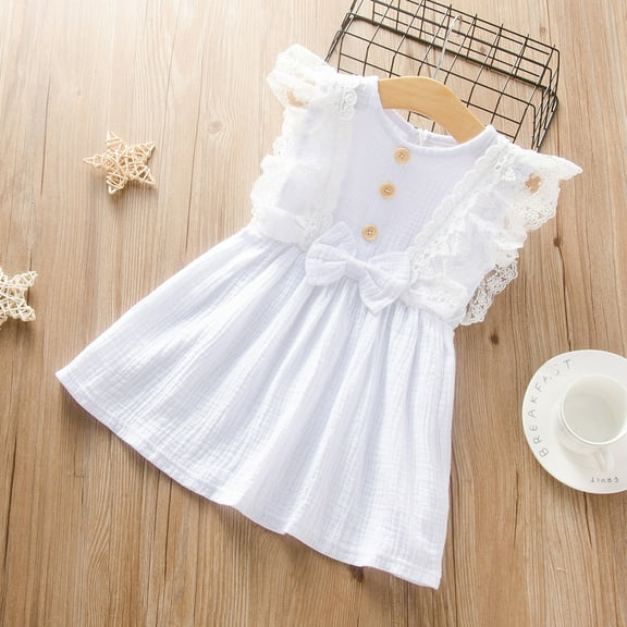 SDJMa Toddler Kids Baby Girls Lace Sleeveless Button Cute Bowknot Solid Princess Dress