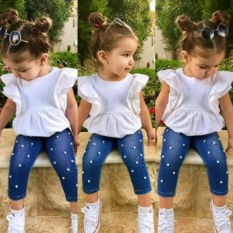 Herrnalise Toddler Kids Baby Girls Outfits Solid T-shirt Tops+Pearl Denim  Pants Jeans Set