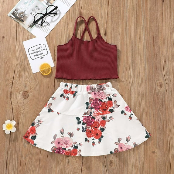 SDJMa Toddler Kids Baby Girls Summer Fashion Sling Top Print Skirt Clothes Suit