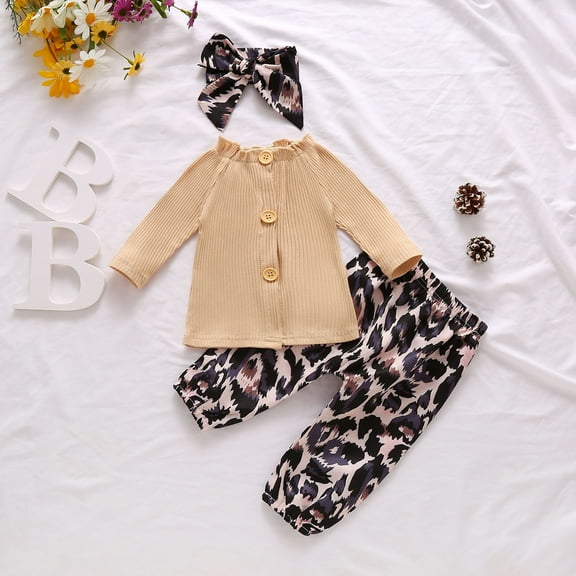 Herrnalise Toddler Kids Girls Ruffle Cotton Clothes Leopard Print Outfit Bow Three-piece