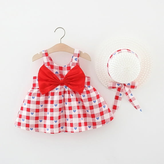 Herrnalise Toddler Kids Infant Baby Girls Sleeveless Bow Dress with StrawHat ComingHome Outfits Summer Sundress 2pcs Set