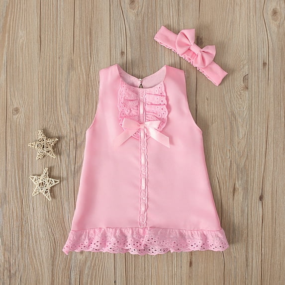 Herrnalise Toddler Kids Summer Girls Lace Solid Color Sleeveless Cute Bow Dress Suit Clearance