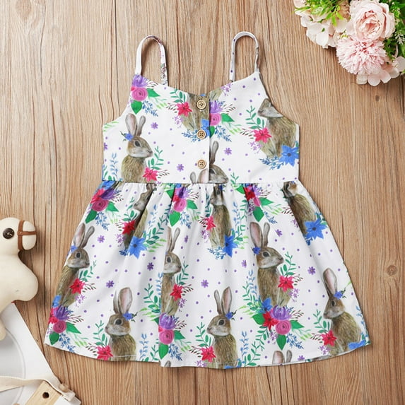 SDJMa Toddler Newborn Baby Girls Vest Easter Bunny Floral Print Princess Dress Outfits