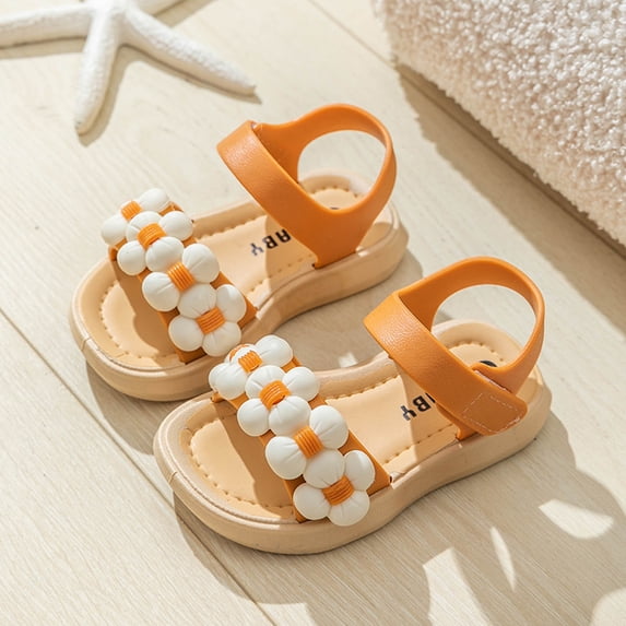 QISIWOLE Toddler Shoes Baby Girls Cute Fashion Solid Color Flowers Non-slip Soft Sole Beach Sandals Clearance