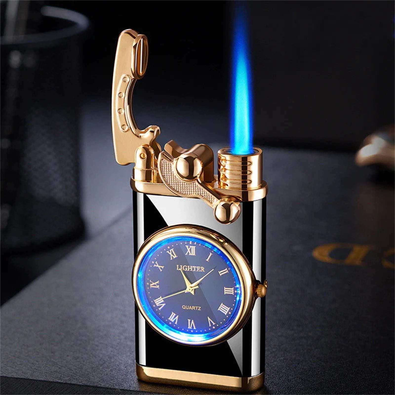 Herrnalise Torch Lighter with Electric Watch,Jet Lighter with Watch,Creative  Dial Rocker Arm Inflatable Lighter,Windproof Portable Candle Lighter Grill  Camping Lighter Best Boyfriend Gifts(Gold)