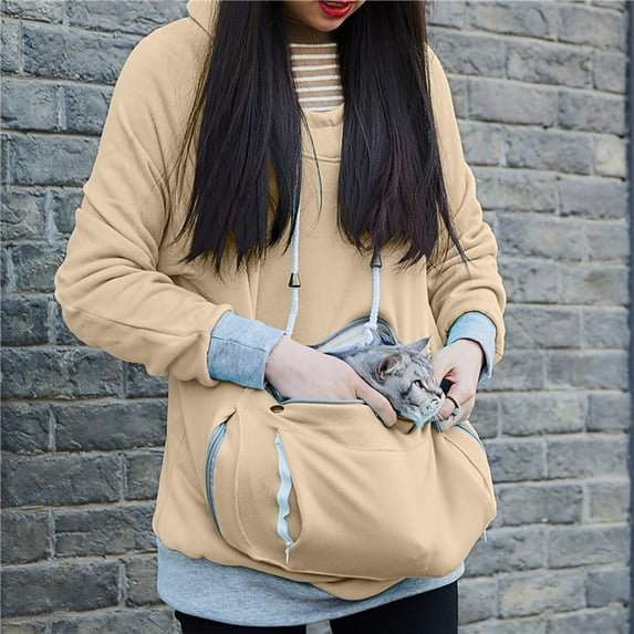 Herrnalise Unisex Long Sleeve Big Kangaroo Pet Pouch Hoodie Solid Pet Cat Small Dog Holder Sweatshirt