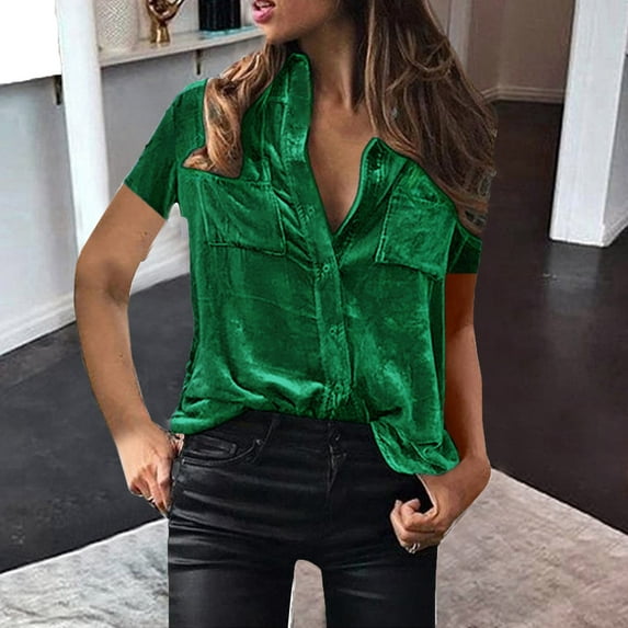 Herrnalise Vintage Velvet Top for Women Elegant Short Sleeve Button Down Shirts Velour Blouses with Pockets Gifts For Women S-2XL
