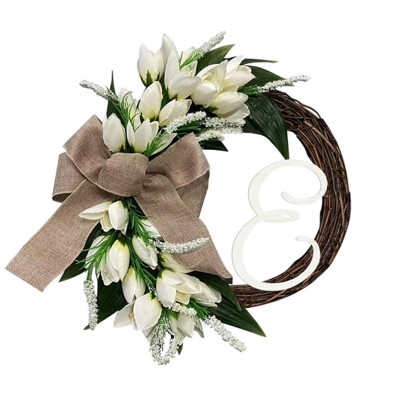 Herrnalise White Tulips Monogram Initial Front Door Wreath,14.5" Rattan Wreath with Jute Bow White Letters Decorative Farmhouse Style Wreath for Wedding Party Mother' S Day Wall Window Home Decor,E