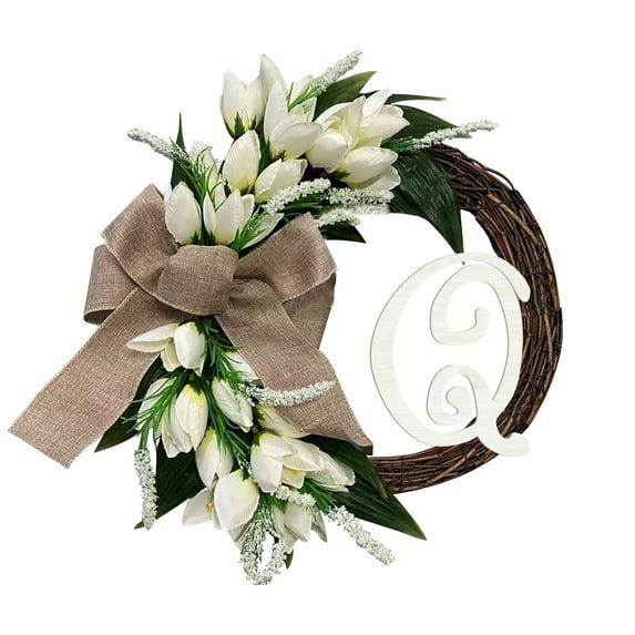 Herrnalise White Tulips Monogram Initial Front Door Wreath,14.5" Rattan Wreath with Jute Bow White Letters Decorative Farmhouse Style Wreath for Wedding Party Mother' S Day Wall Window Home Decor,Q