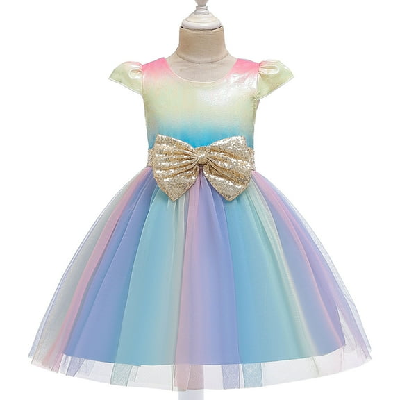 Herrnalise Toddler Girls Color Net Yarn Sequins Bowknot Mesh Birthday Party Kids Formal Princess Dresses