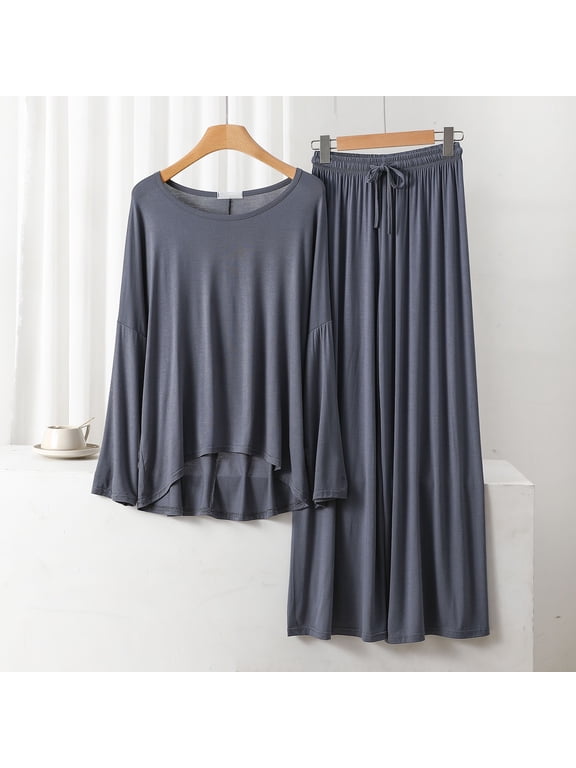 Women 2 Piece Modal Pajamas Sets Summer Long Sleeve Top and Drawstring Pants Soft Solid Color Sleepwear Suit Gray
