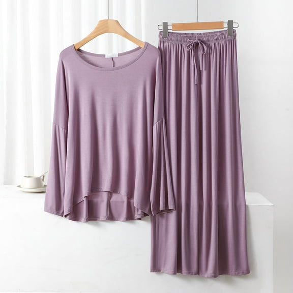 Herrnalise Women 2 Piece Modal Pajamas Sets Summer Long Sleeve Top and Drawstring Pants Soft Solid Color Sleepwear Suit Purple
