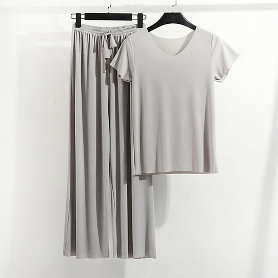 Herrnalise Women 2 Piece Modal Pajamas Sets Summer Short Sleeve Top and Drawstring Pants Soft Solid Color Sleepwear Suit Gray