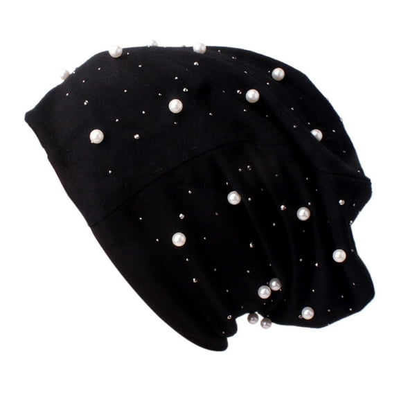 Herrnalise Women Beading Pearl Inlay Hat Ruffle Chemo Beanie Scarf Turban Wrap Cap