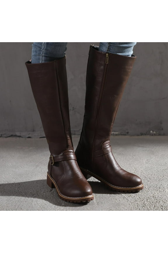 Women Boots Retro Shoes Casual Thick Low-heeled Boots Plus Size Mid Calf Zipper Boots Women Shoes on Clearance