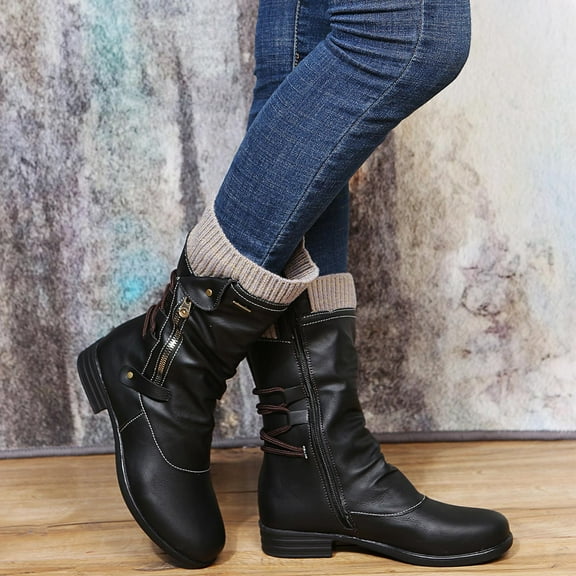 Herrnalise Women Boots Vintage Winter Zipper Mid-Calf Lace Up Slip On Retro Ladies Shoes clearance under $10 !