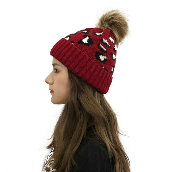 Herrnalise Women Casual Leopard Stitching Outdoor Plush Hats Crochet Knit Beanie Cap