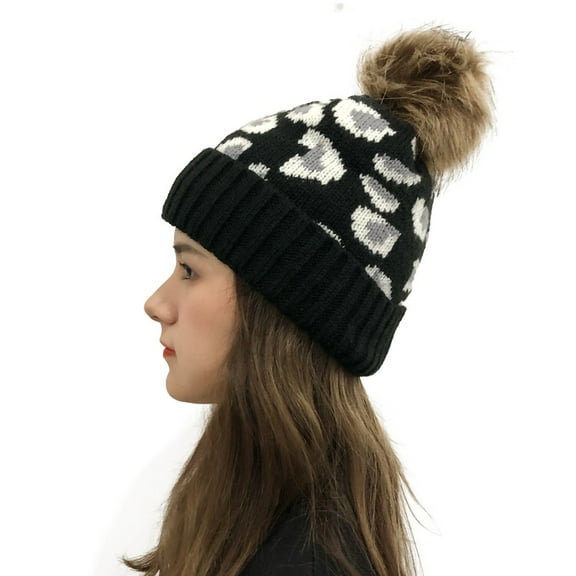 Herrnalise Women Casual Leopard Stitching Outdoor Plush Hats Crochet Knit Beanie Cap