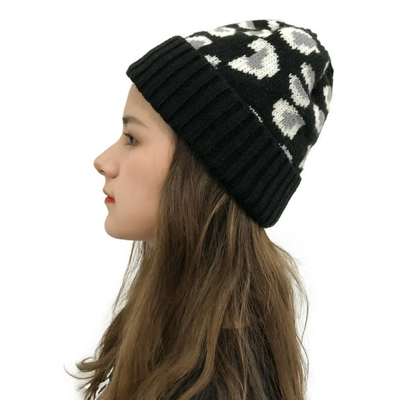 Herrnalise Women Casual Leopard Stitching Outdoor Plush Hats Crochet Knit Beanie Cap