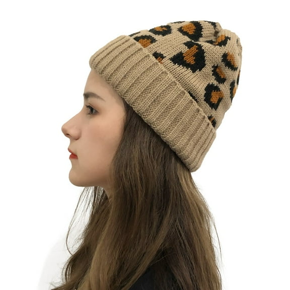Herrnalise Women Casual Leopard Stitching Outdoor Plush Hats Crochet Knit Beanie Cap