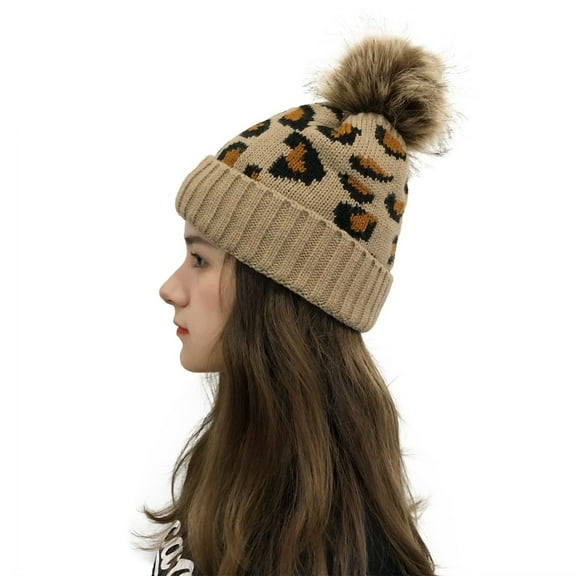 Herrnalise Women Casual Leopard Stitching Outdoor Plush Hats Crochet Knit Beanie Cap