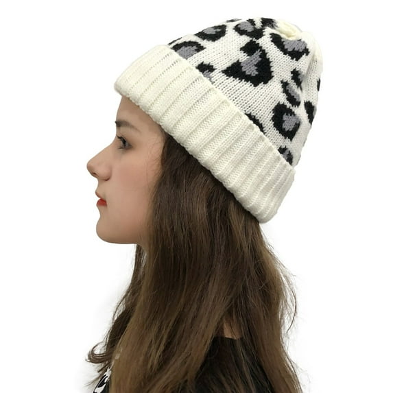 Herrnalise Women Casual Leopard Stitching Outdoor Plush Hats Crochet Knit Beanie Cap