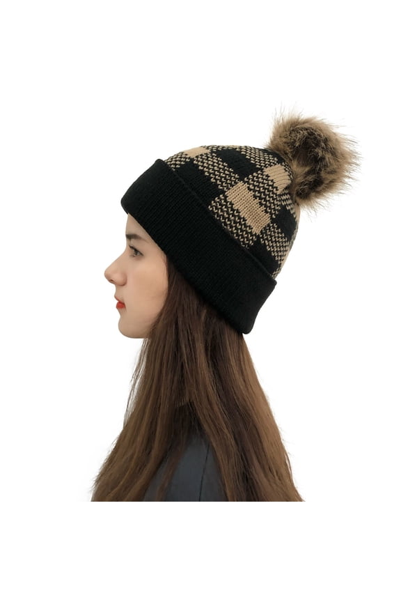 Women Casual Plaid Stitching Outdoor Plush Hats Crochet Knit Beanie Cap