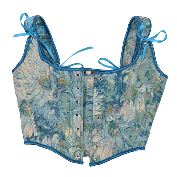 Herrnalise Women Casual Sexy Eyelet Lace-up Floral Print Fishbone Court Vintage Corset Straps Tank Top Shapewear Blue L