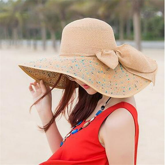 Herrnalise Women Colorful Big Straw Bow Hat Sun Floppy Wide Hats Beach Cap