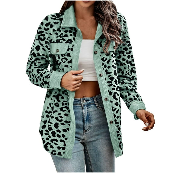 Herrnalise Women Corduroy Shirts Casual Long Sleeve Button Down Blouses Top Leopard Print Jacket With Chest Pockets Green,XXL