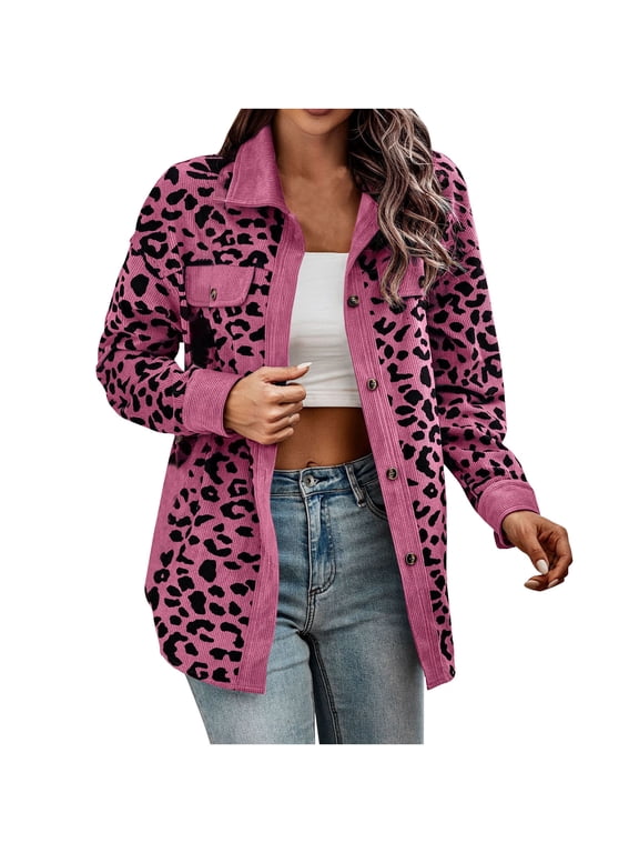 Women Corduroy Shirts Casual Long Sleeve Button Down Blouses Top Leopard Print Jacket With Chest Pockets Hot Pink,L