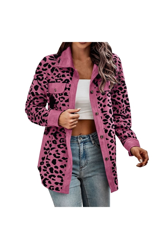 Women Corduroy Shirts Casual Long Sleeve Button Down Blouses Top Leopard Print Jacket With Chest Pockets Hot Pink,L