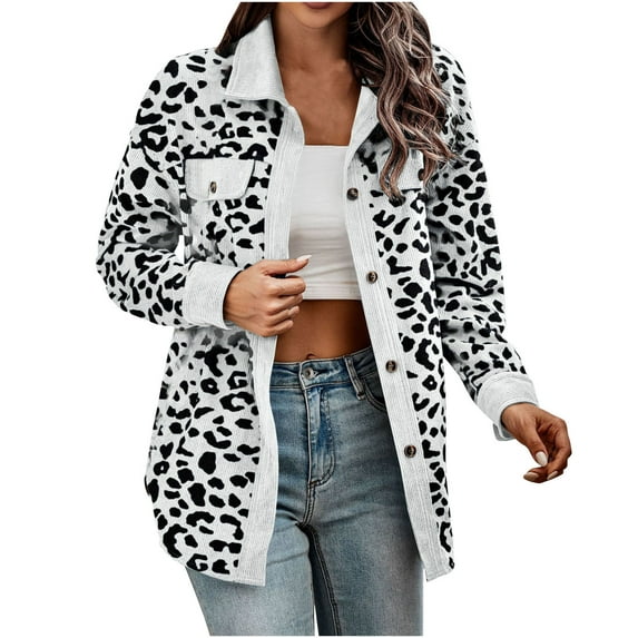 Herrnalise Women Corduroy Shirts Casual Long Sleeve Button Down Blouses Top Leopard Print Jacket With Chest Pockets White,L