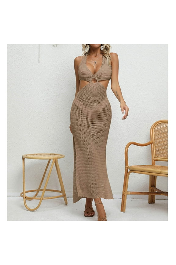 Women Crochet Knit Evening Dress Y2K Sexy Hollow Out Long Dress Halter Neck Bodycon Retro Party Dresses Clubwear For Free Size