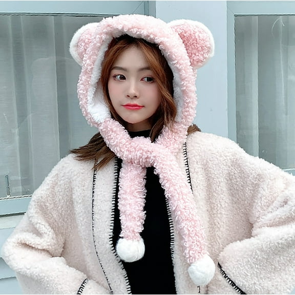Herrnalise Women Cute Cartoon Thick Ear Hat Protectors Warm Plush Hat Scarf 2in1Set