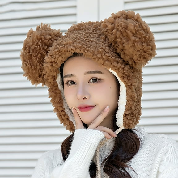 Herrnalise Women Cute Cartoon Thick Hat Protectors Warm Plush Hat Bandage Cap