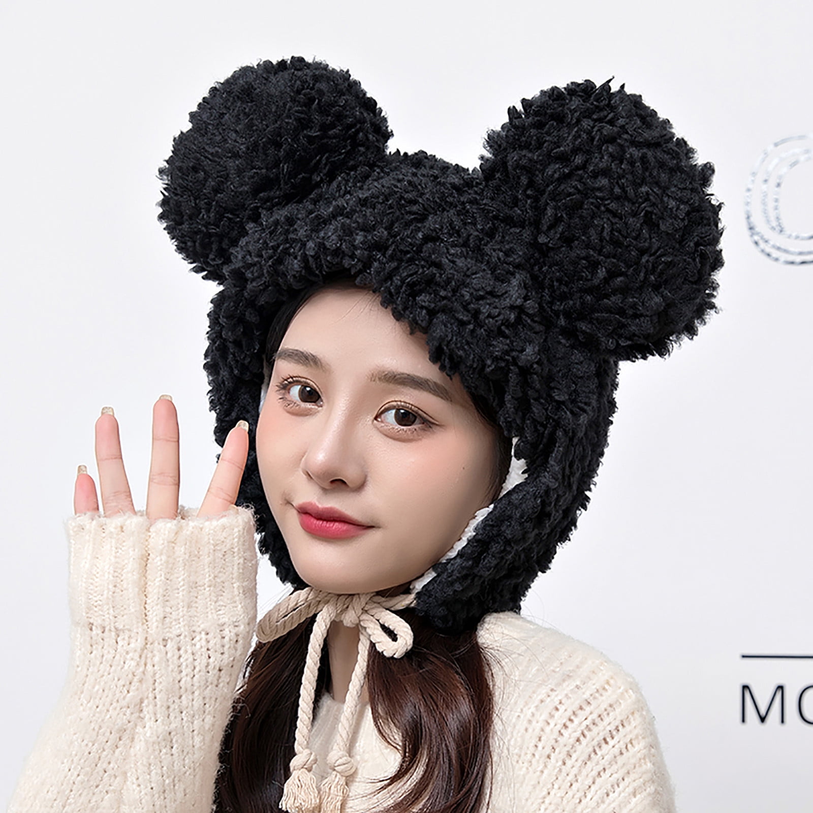 Herrnalise Women Cute Cartoon Thick Hat Protectors Warm Plush Hat Bandage Cap