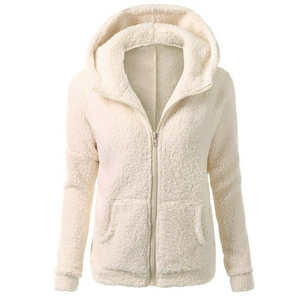 Herrnalise Women Hooded Sweater Coat Winter Warm Wool Zipper Coat Long Sleeve Outwear Beige L