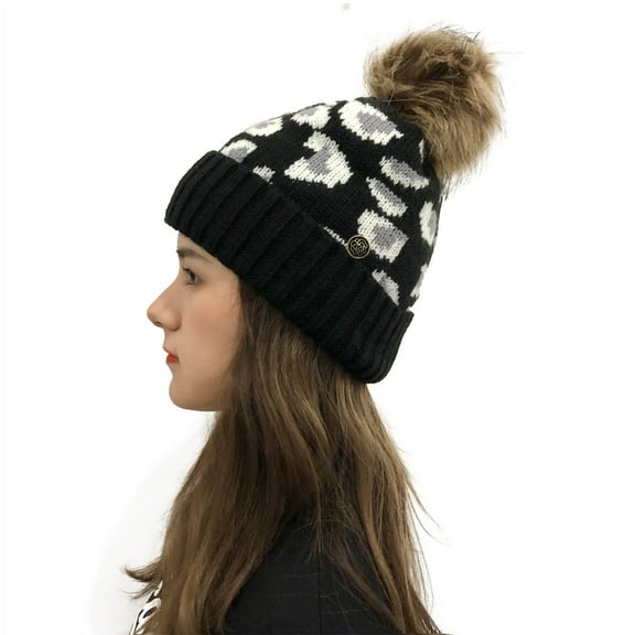 Herrnalise Women Leopard Stitching Outdoor Plush Hats Crochet Knit Button Beanie Cap