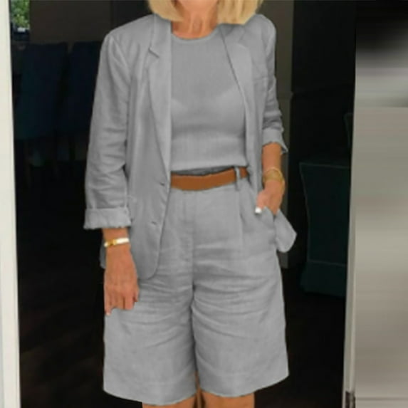 Herrnalise Women Linen Sets 2 Piece Summer Outfits Rolled Sleeve Shirt Beach Linen Shirt Elastic Waist Casual Shorts Set