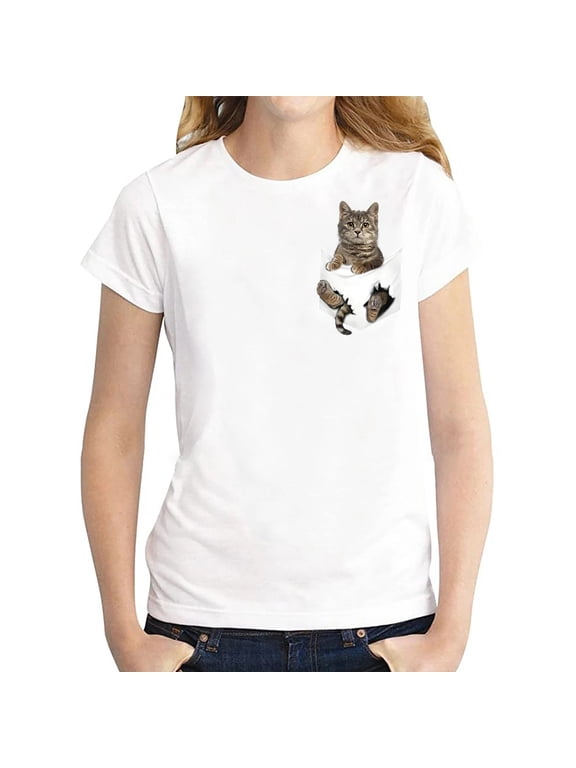 Women Printed Plus Size O-Neck T-Shirts Cat Print Short Sleeve Graphic Tee Tops