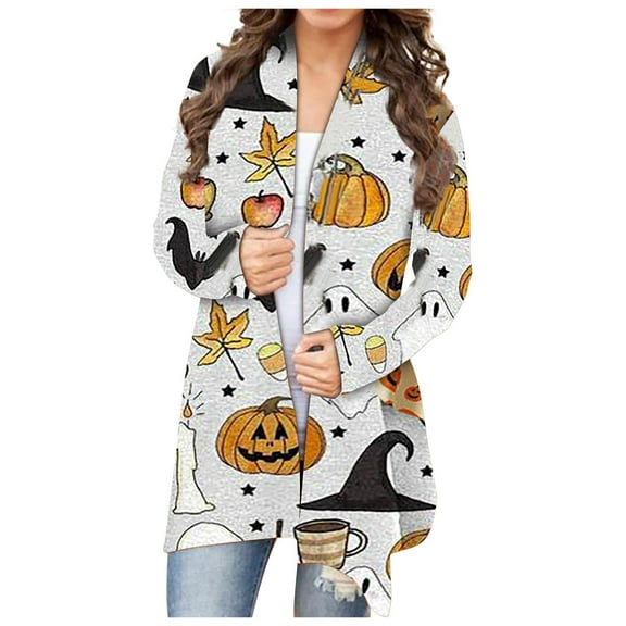 Herrnalise Women'S Cardigan Halloween Sorcerer's Hat Pumpkin Print Long Sleeve Knitting Cardigans Knitted Outwear Coat Open Front Sweaters S-2XL