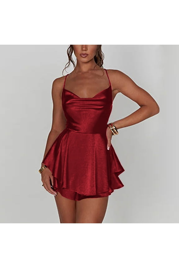 Women Sexy Backless Short Romper Satin Dress Cowl Neck Tie Ruffle Layer Spaghetti Strap Jumpsuit Mini Dress