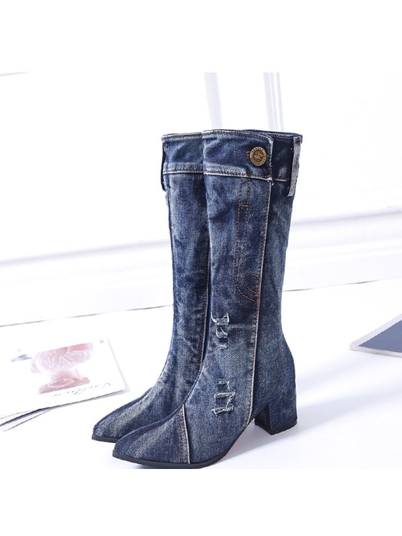 Women Shoes Fashion Buttons Denim Pointed Tip Mid-heeled Thick Heel High Boots Clearance !