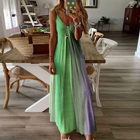 Herrnalise Women Summer Casual T Shirt Dresses Women's Ladies Plus Size Loose Stripe Sleeveless V-Collar Long Dress Maxi Dress