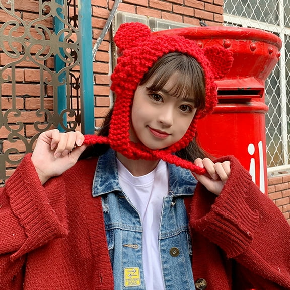 Herrnalise Women Winter All-Match Warm Woolen Cute Cat Ears Knitted Earmuffs Vintage Hat
