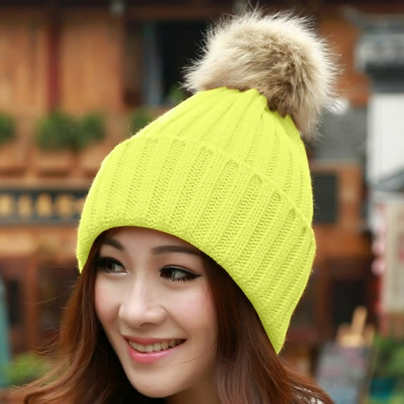 Herrnalise Women Winter Warm Knitted Cute Rabbit F-ur Ball Yarn Hat