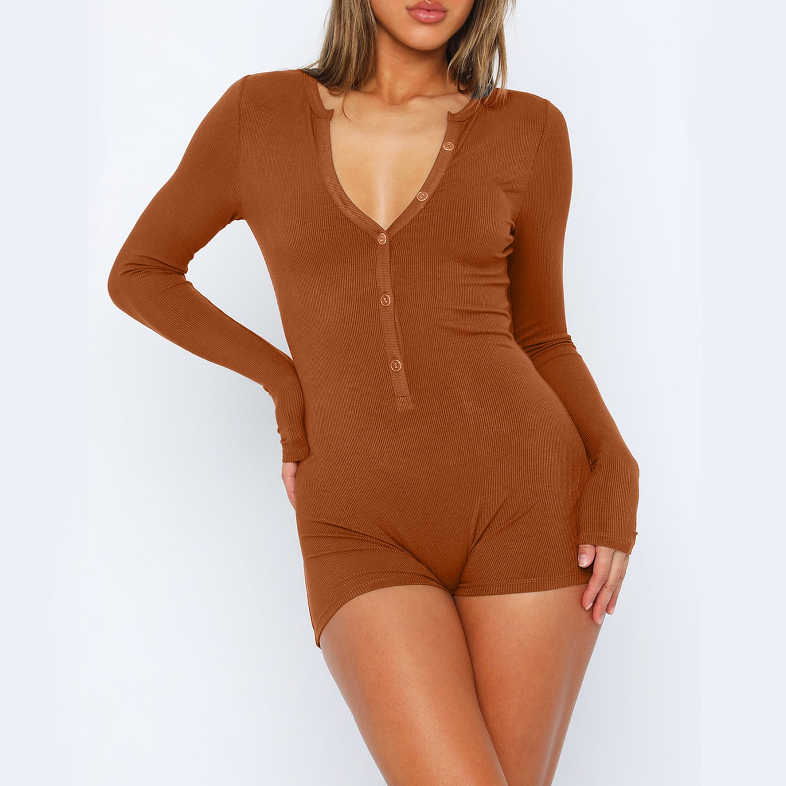 Bodysuit for Women Zipper Front V Neck Long Sleeve Bodysuit Tops Sexy  Ribbed Knit T Shirts Jumpsuit (Color : Apricot, Size : X-Large)