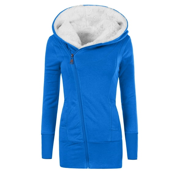 Herrnalise Women Zip Up Hoodie Sweatshirt Long Sleeve Fleece Hooded Jacket Coat Fleece Lined Overcoat Blue,L